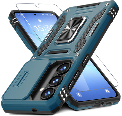 Rugged blue phone case with camera cutouts, stand, and screen protector.