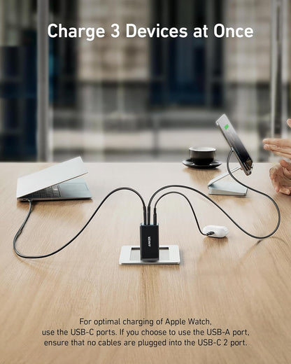 Anker Charger, 65W 3-Port Fast Compact Foldable USB C Charger Block for MacBook Pro/Air, iPad Pro, Galaxy S20, Dell XPS 13, Note 20/10+, iPhone 17 Series, Steam Deck, and More