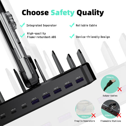420W Charging Station for Multiple Devices, Zobirez 10-Port USB C Fast Charger Stations for MacBook, iPhone, Android Cell Phone, iPad, Tablet, Family Multi-Device Organizer Charging Dock, Black