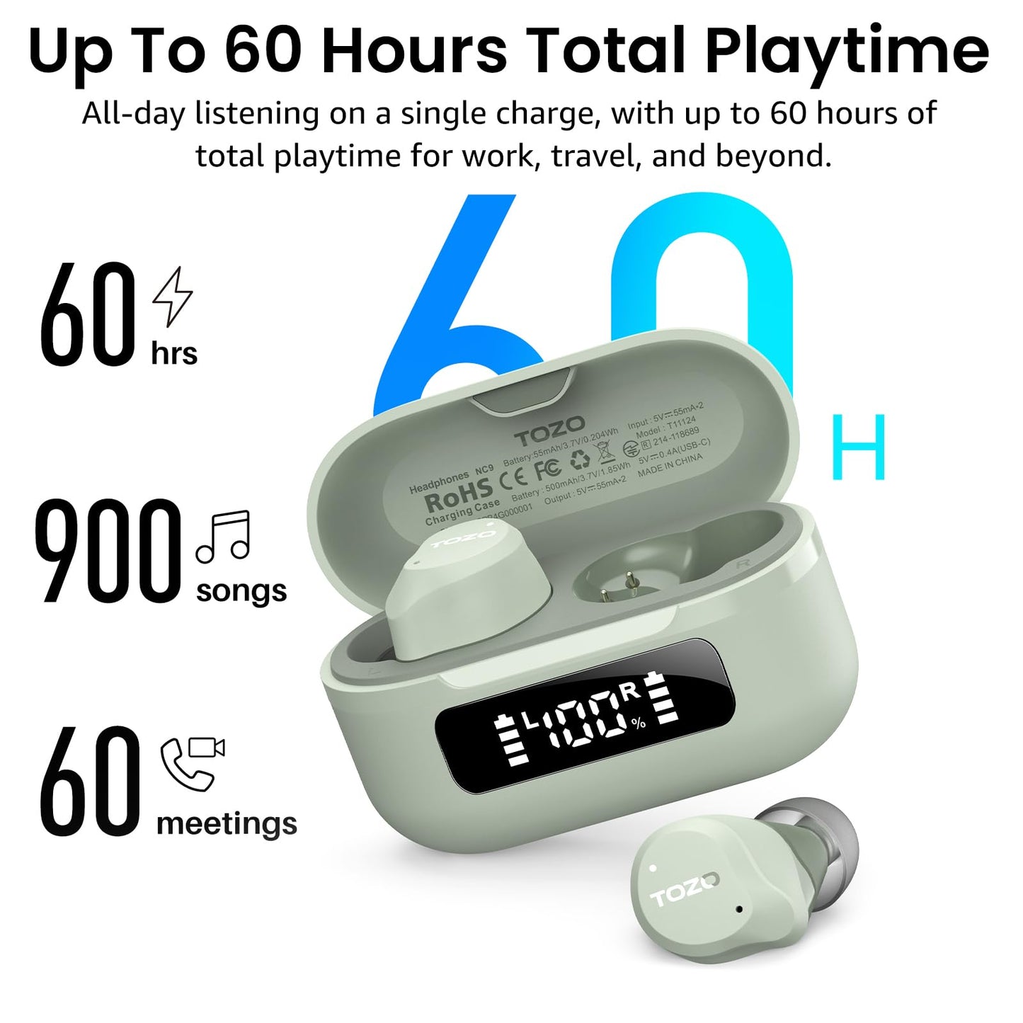 TOZO NC9 Hybrid Active Noise Cancelling Wireless Earbuds, 6 Mics ENC Clear Call, IPX8 Waterproof, in Ear Bluetooth 5.3 Headphones Stereo Bass Ear Buds 60H Playtime with LED Display 32 EQs via APP