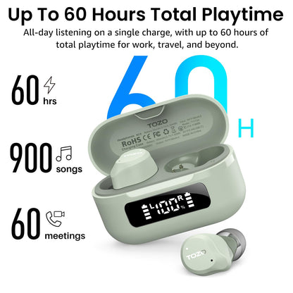 TOZO NC9 Hybrid Active Noise Cancelling Wireless Earbuds, 6 Mics ENC Clear Call, IPX8 Waterproof, in Ear Bluetooth 5.3 Headphones Stereo Bass Ear Buds 60H Playtime with LED Display 32 EQs via APP