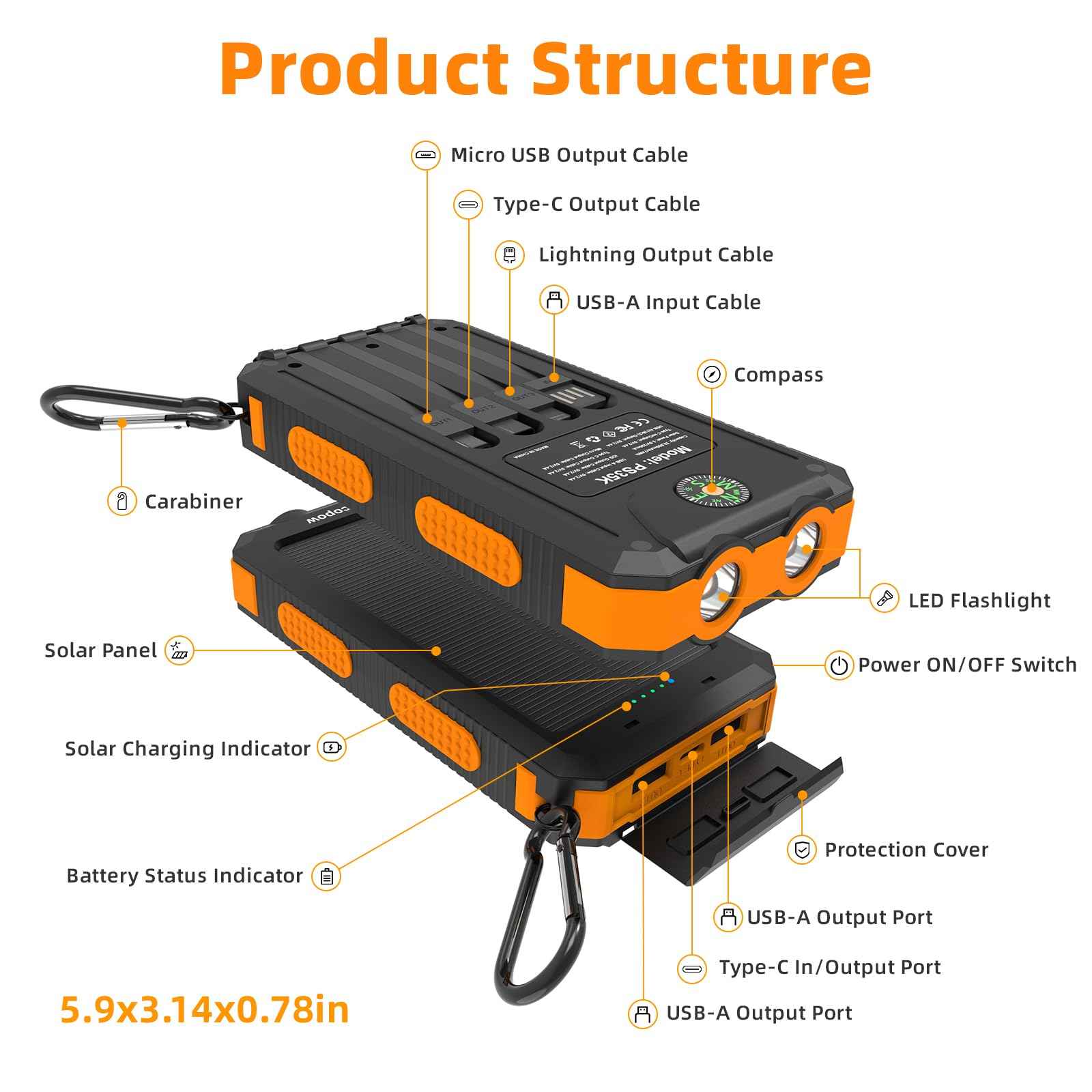 Solar Power Bank 20000mAh with 4 Cables & Flashlights