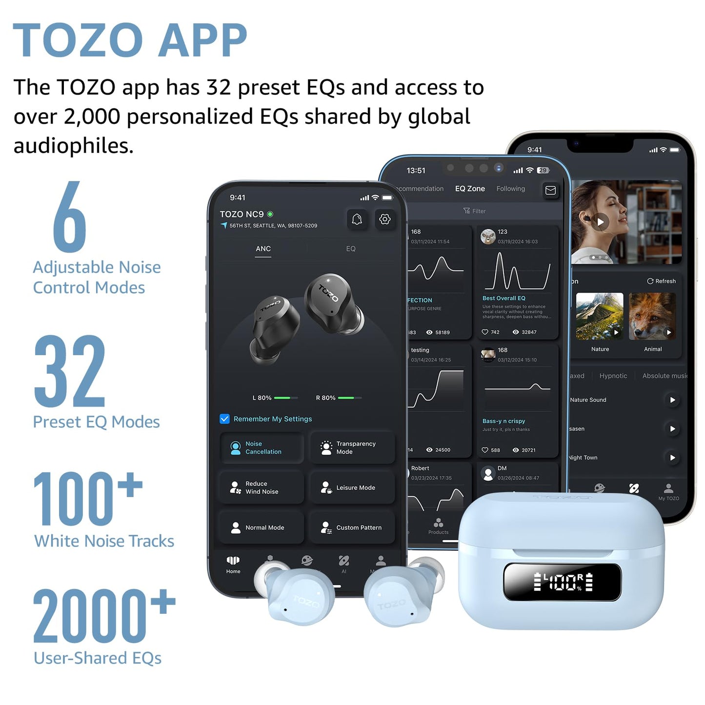 TOZO NC9 Hybrid Active Noise Cancelling Wireless Earbuds, 6 Mics ENC Clear Call, IPX8 Waterproof, in Ear Bluetooth 5.3 Headphones Stereo Bass Ear Buds 60H Playtime with LED Display 32 EQs via APP