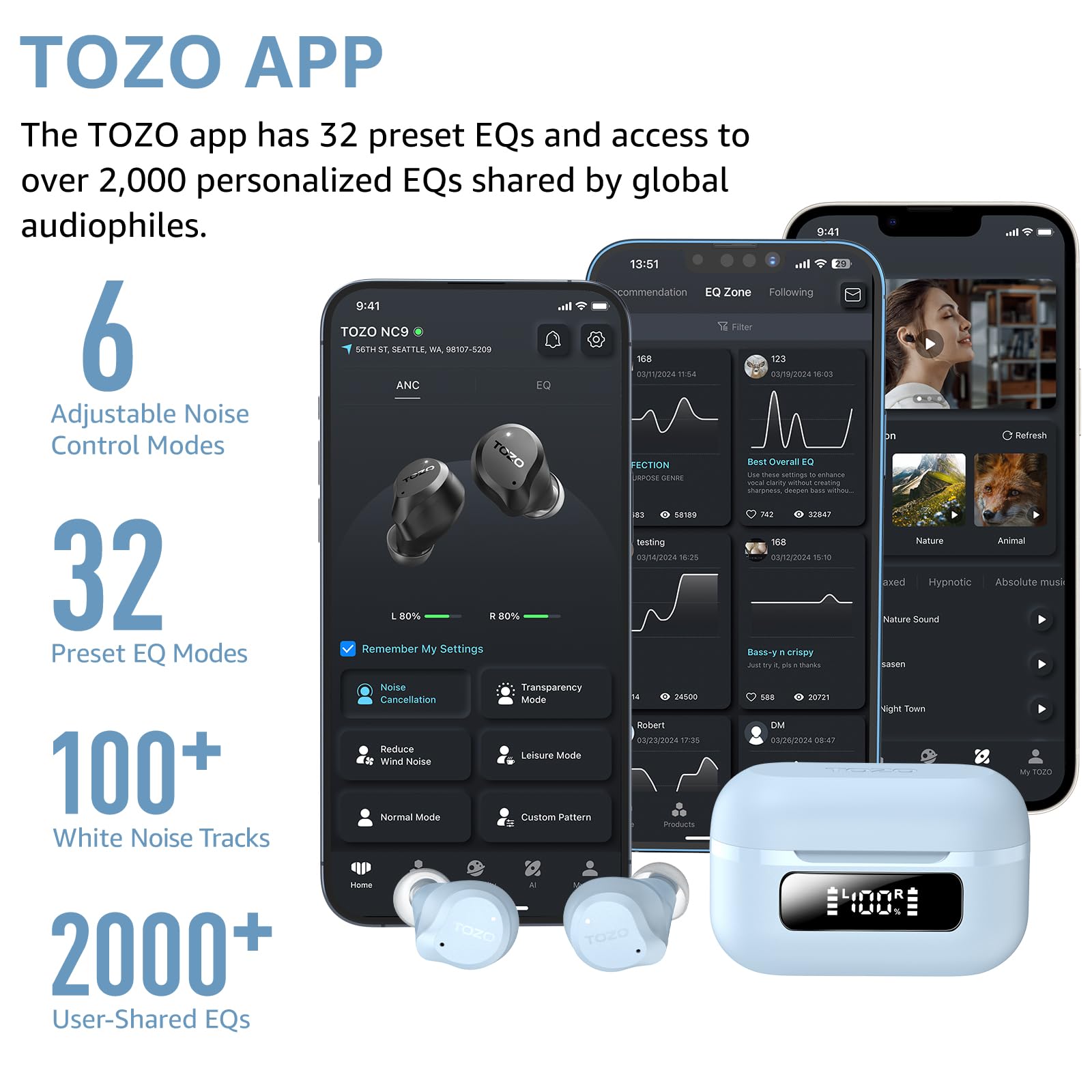 TOZO NC9 Hybrid Active Noise Cancelling Wireless Earbuds, 6 Mics ENC Clear Call, IPX8 Waterproof, in Ear Bluetooth 5.3 Headphones Stereo Bass Ear Buds 60H Playtime with LED Display 32 EQs via APP