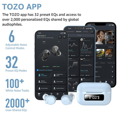 TOZO NC9 Hybrid Active Noise Cancelling Wireless Earbuds, 6 Mics ENC Clear Call, IPX8 Waterproof, in Ear Bluetooth 5.3 Headphones Stereo Bass Ear Buds 60H Playtime with LED Display 32 EQs via APP