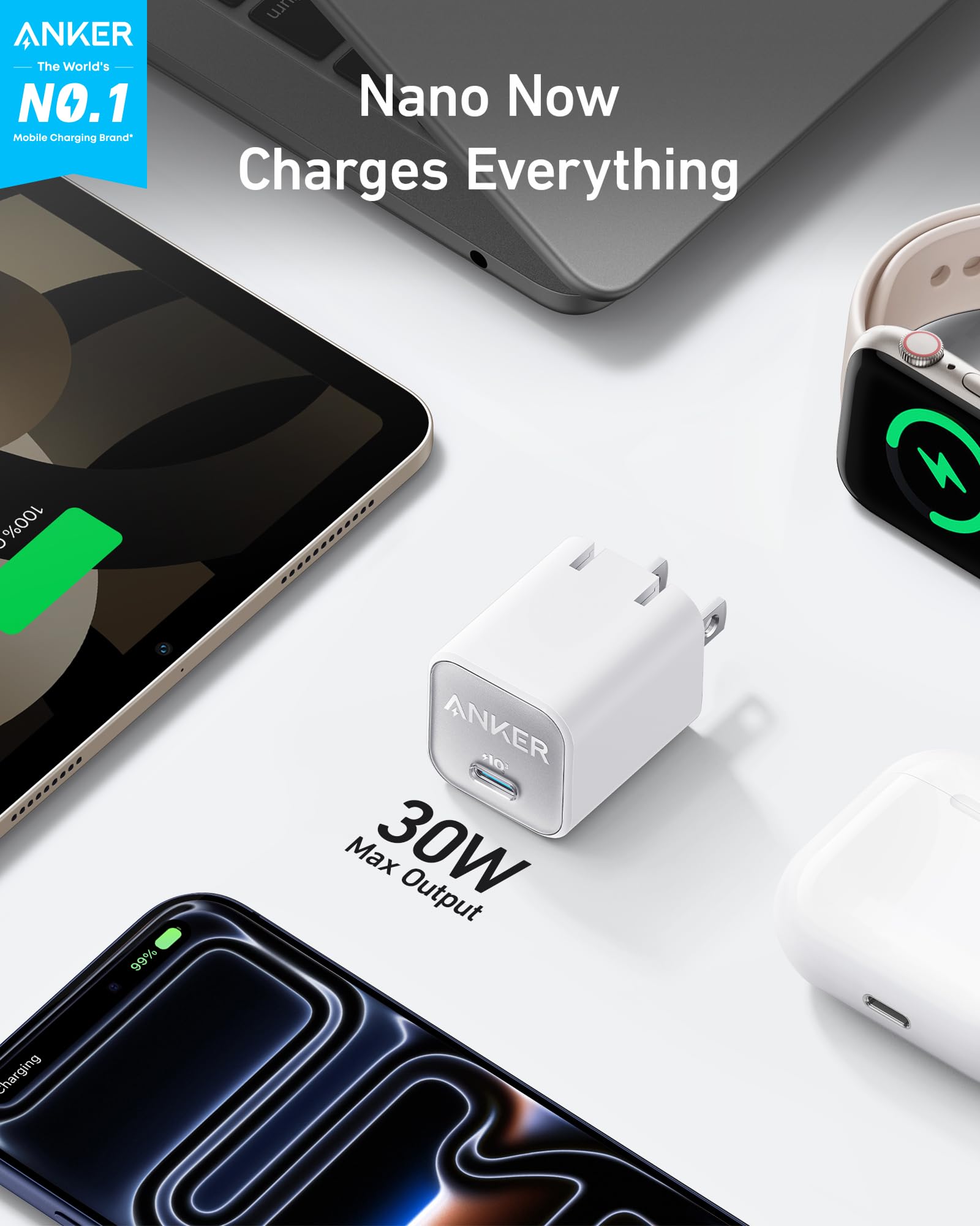 Anker Nano USB C Charger Block, 30W PIQ 3.0 Foldable iPhone Charger Fast Charging for iPhone 17/16 Series, Galaxy, iPad, Compatible with MagSafe
