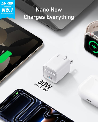 Anker Nano USB C Charger Block, 30W PIQ 3.0 Foldable iPhone Charger Fast Charging for iPhone 17/16 Series, Galaxy, iPad, Compatible with MagSafe