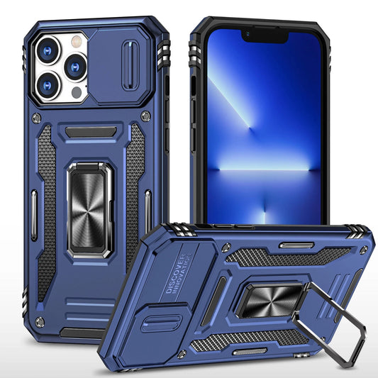 Magnetic Kickstand Protective Cell Phone Case with Camera Cover for Apple Iphone 13/14, Blue