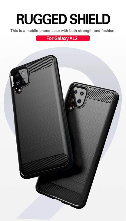 for Galaxy A12 Case,With HD Screen Protector,Shock-Absorption Flexible TPU Bumper Cove Soft Rubber Protective Case for Samsung Galaxy A12 (Black Brushed TPU)