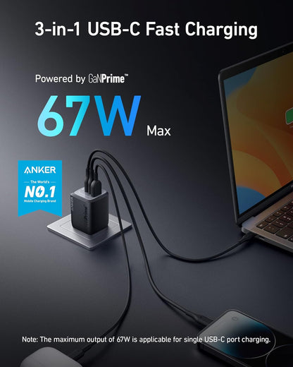 Anker Prime 67W USB C Charger, Anker GaN Wall Charger, 3-Port Compact Fast PPS Charger, For MacBook Pro/Air, Pixelbook, iPad Pro, iPhone 17/16/Pro, Galaxy S23/S22, Note20, Pixel, Apple Watch, and More