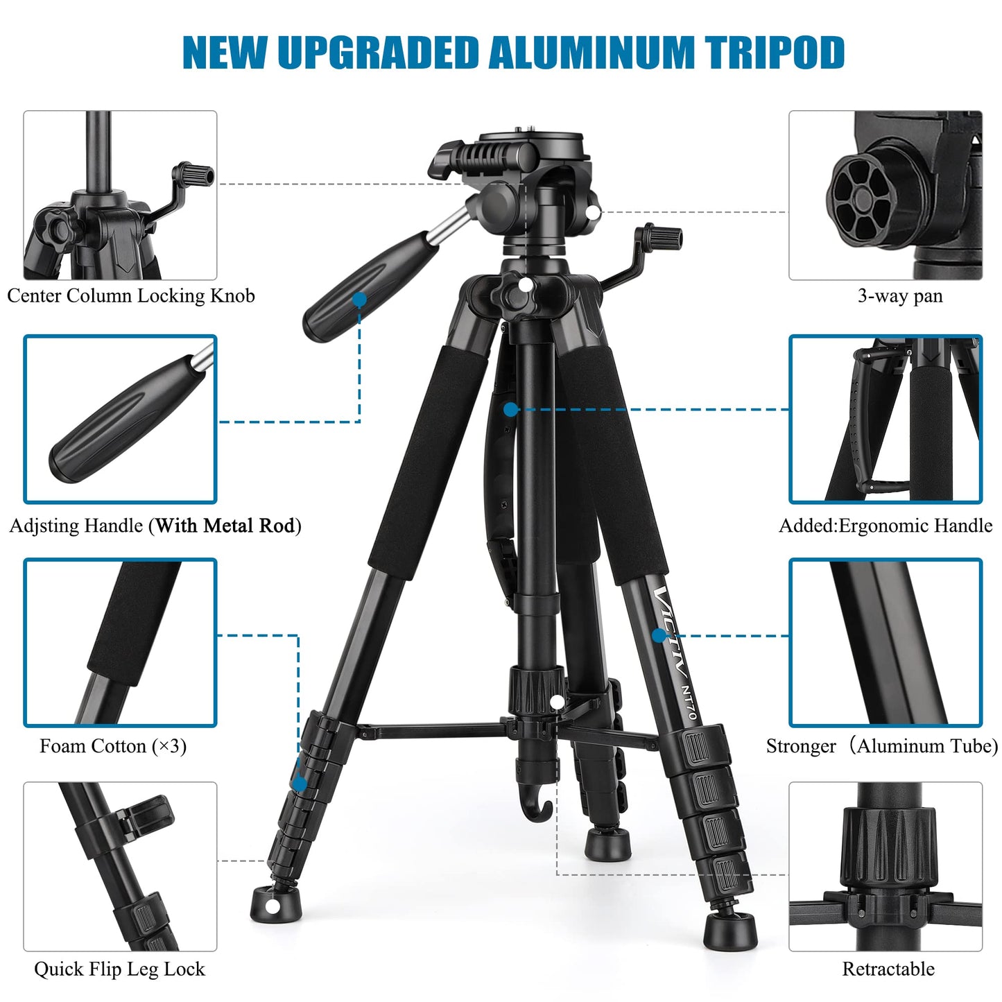 VICTIV 74” Camera Tripod, Tripod for Camera and Phone, Aluminum Professional Tripod Stand for Canon Nikon with Carry Bag and Phone Holder, Compatible with DSLR, iPhone, Spotting Scopes, Max Load 9.5Lb
