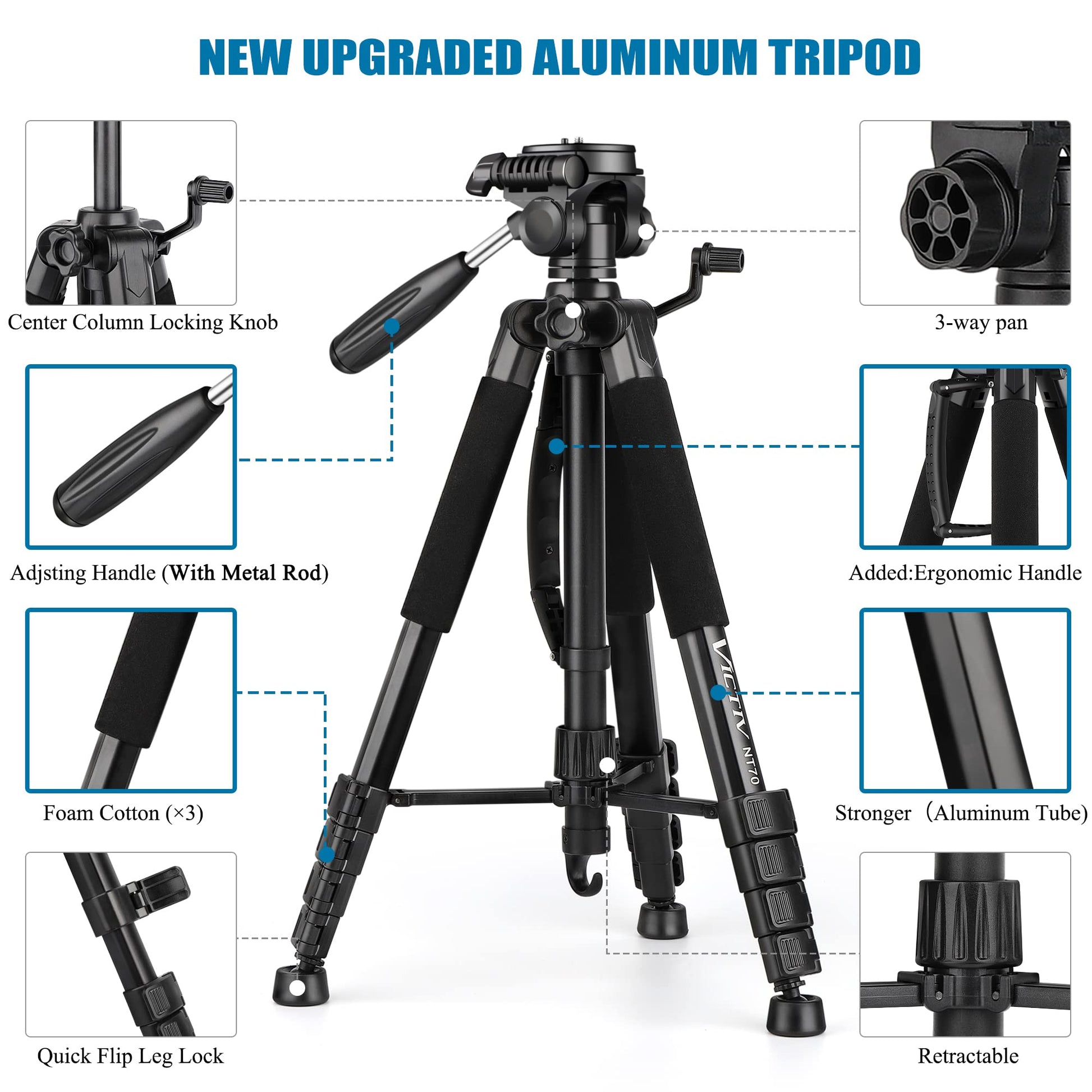 VICTIV 74” Camera Tripod, Tripod for Camera and Phone, Aluminum Professional Tripod Stand for Canon Nikon with Carry Bag and Phone Holder, Compatible with DSLR, iPhone, Spotting Scopes, Max Load 9.5Lb