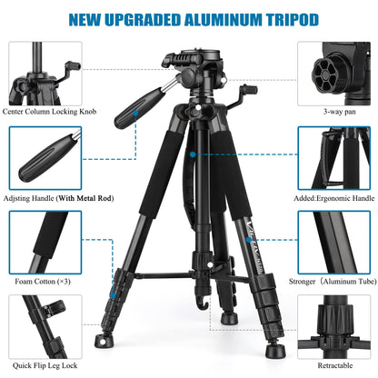 VICTIV 74” Camera Tripod, Tripod for Camera and Phone, Aluminum Professional Tripod Stand for Canon Nikon with Carry Bag and Phone Holder, Compatible with DSLR, iPhone, Spotting Scopes, Max Load 9.5Lb