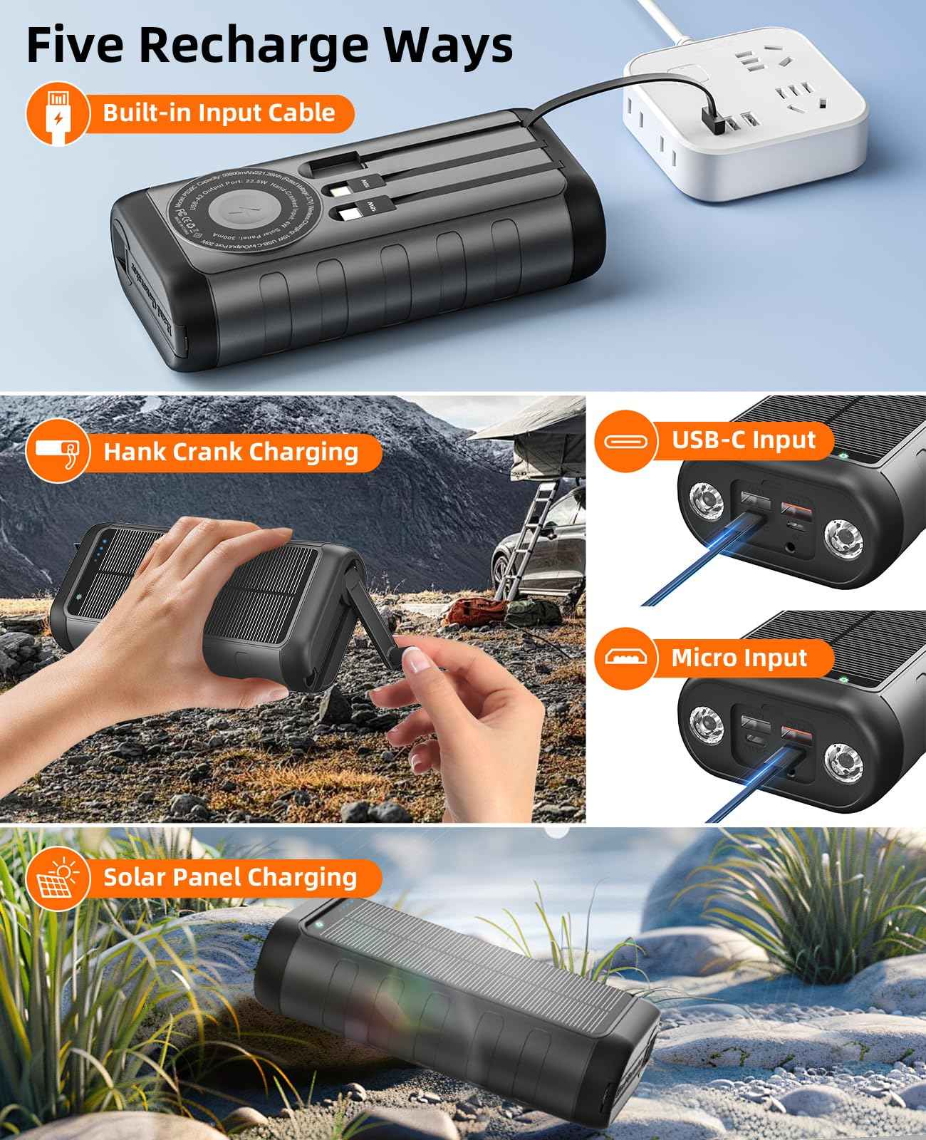 Solar Power Bank 20000mAh with 4 Cables & Flashlights