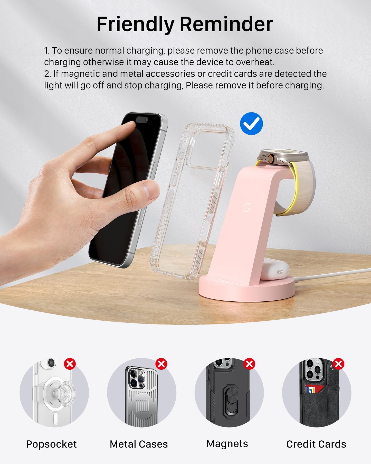 Anlmz 3 in 1 Charging Station for iPhone, Wireless Charger for iPhone 17 16e 16 15 14 13 12 11 X Pro Max & Apple Watch - Charging Stand Dock for AirPods (Pink)