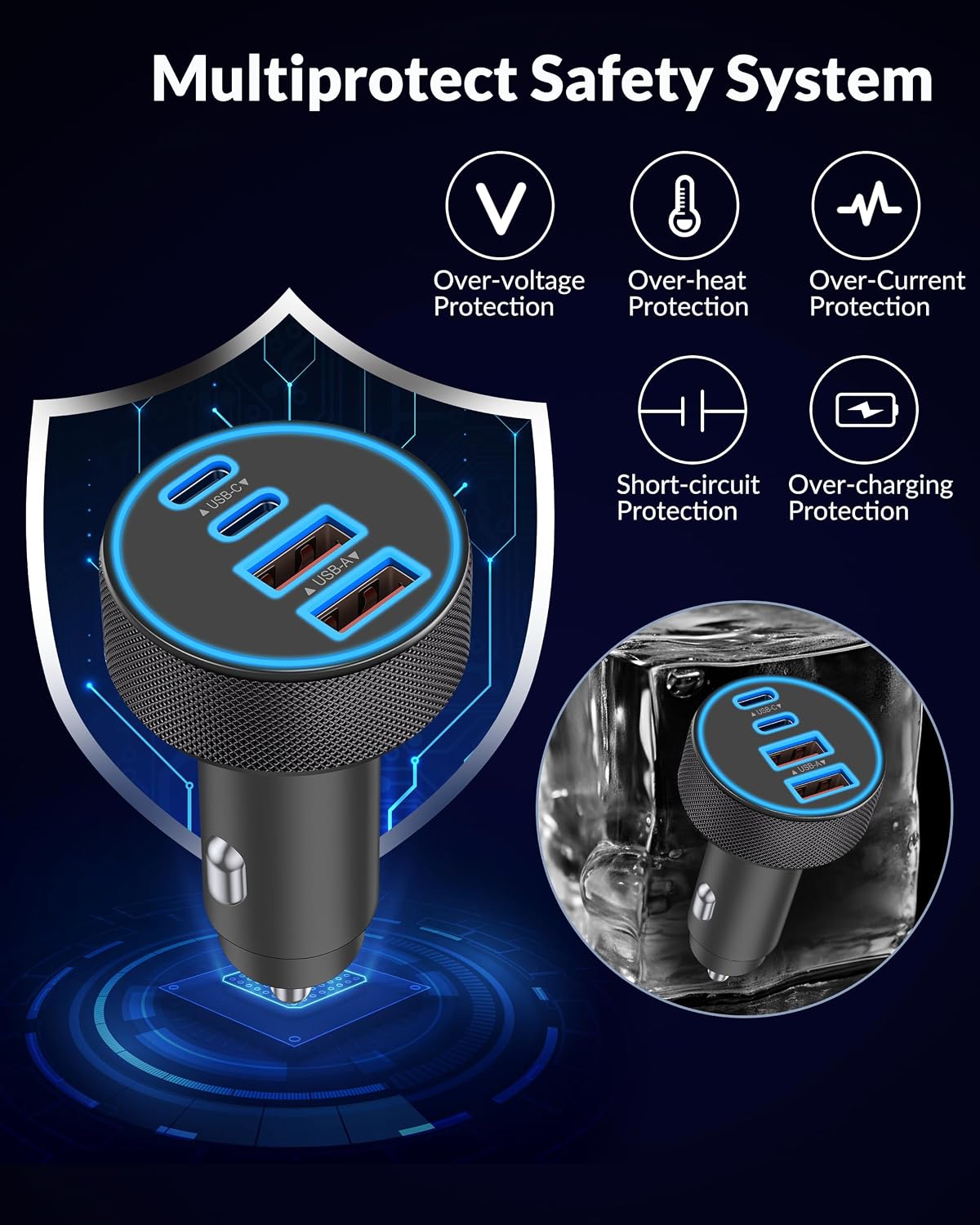 USB C Car Charger, 4-Port 90W Super Fast Charging Cigarette Lighter Adapter
