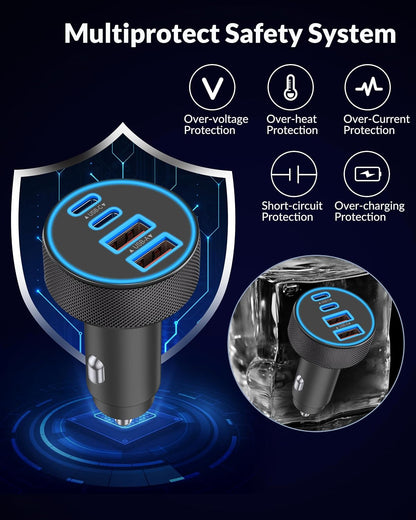 USB C Car Charger, 4-Port 90W Super Fast Charging Cigarette Lighter Adapter