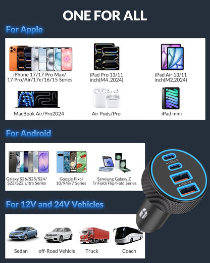USB C Car Charger, 4-Port 90W Super Fast Charging Cigarette Lighter Adapter