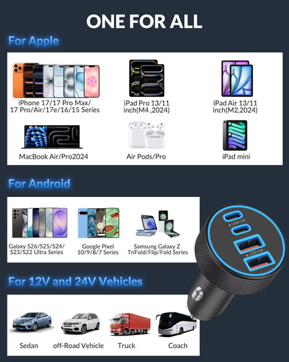 USB C Car Charger, 4-Port 90W Super Fast Charging Cigarette Lighter Adapter