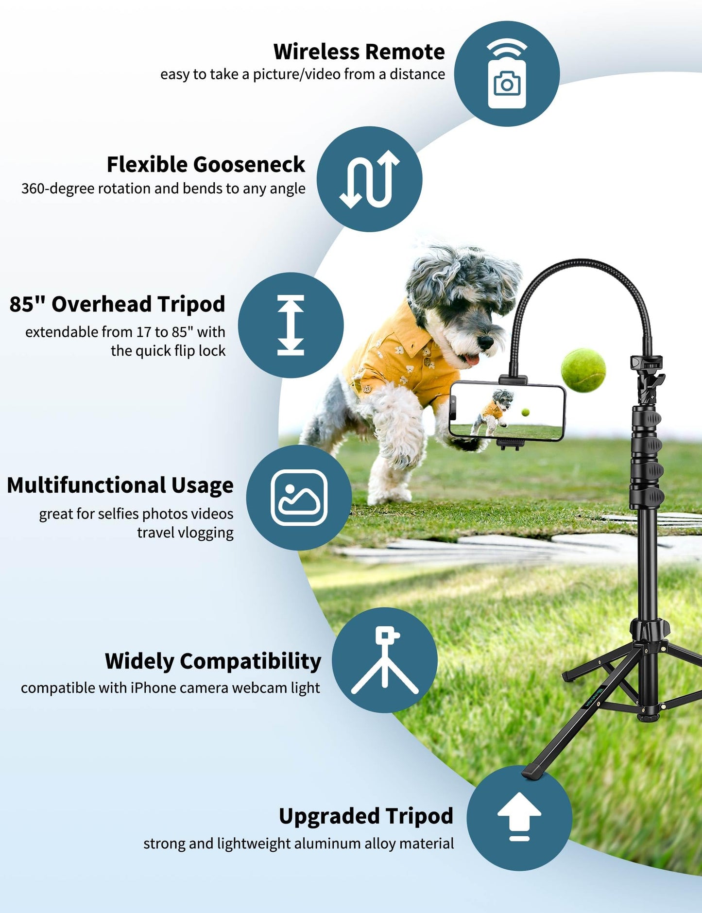 Nineigh 85 Gooseneck Phone Tripod with Remote