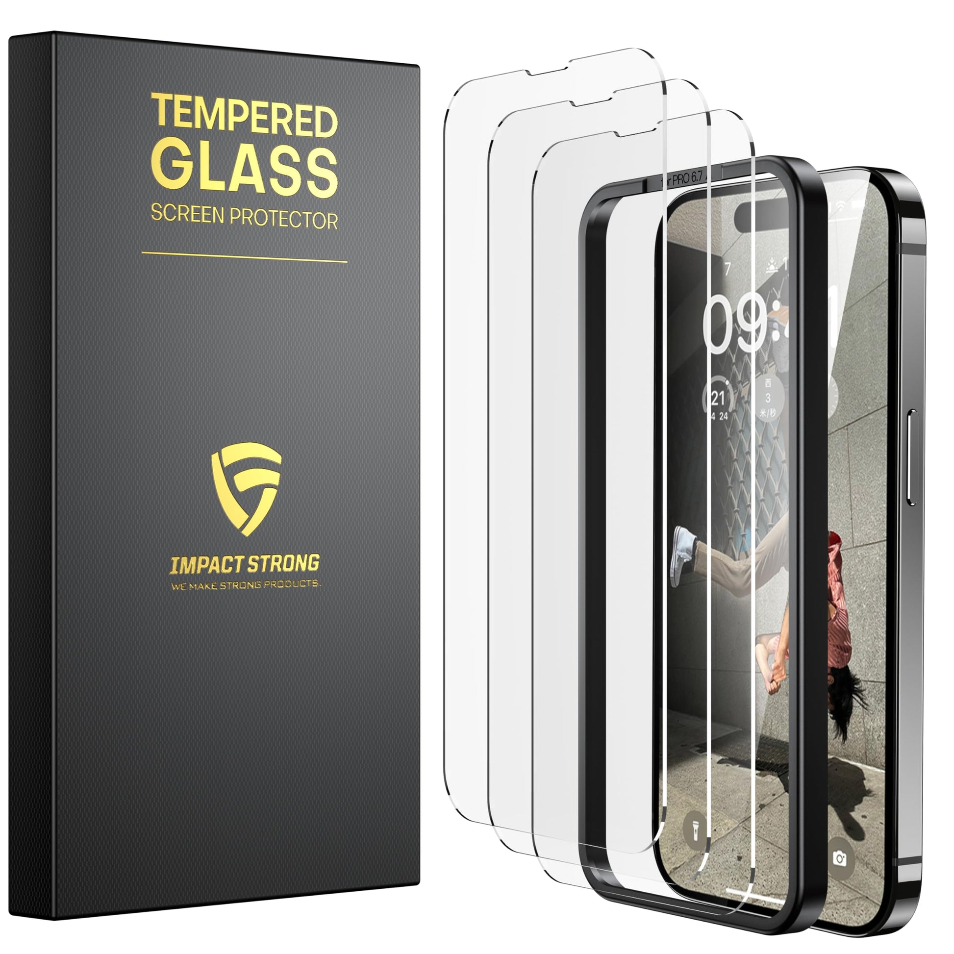 Three clear tempered glass screen protectors with black edges, next to black packaging box.