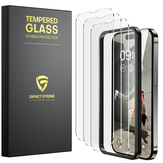Three clear tempered glass screen protectors with black edges, next to black packaging box.