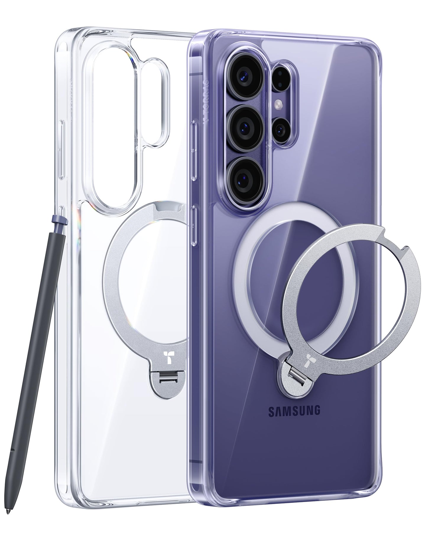 Clear and purple phone cases with metal rings, showcasing a stylus and multiple rear cameras.