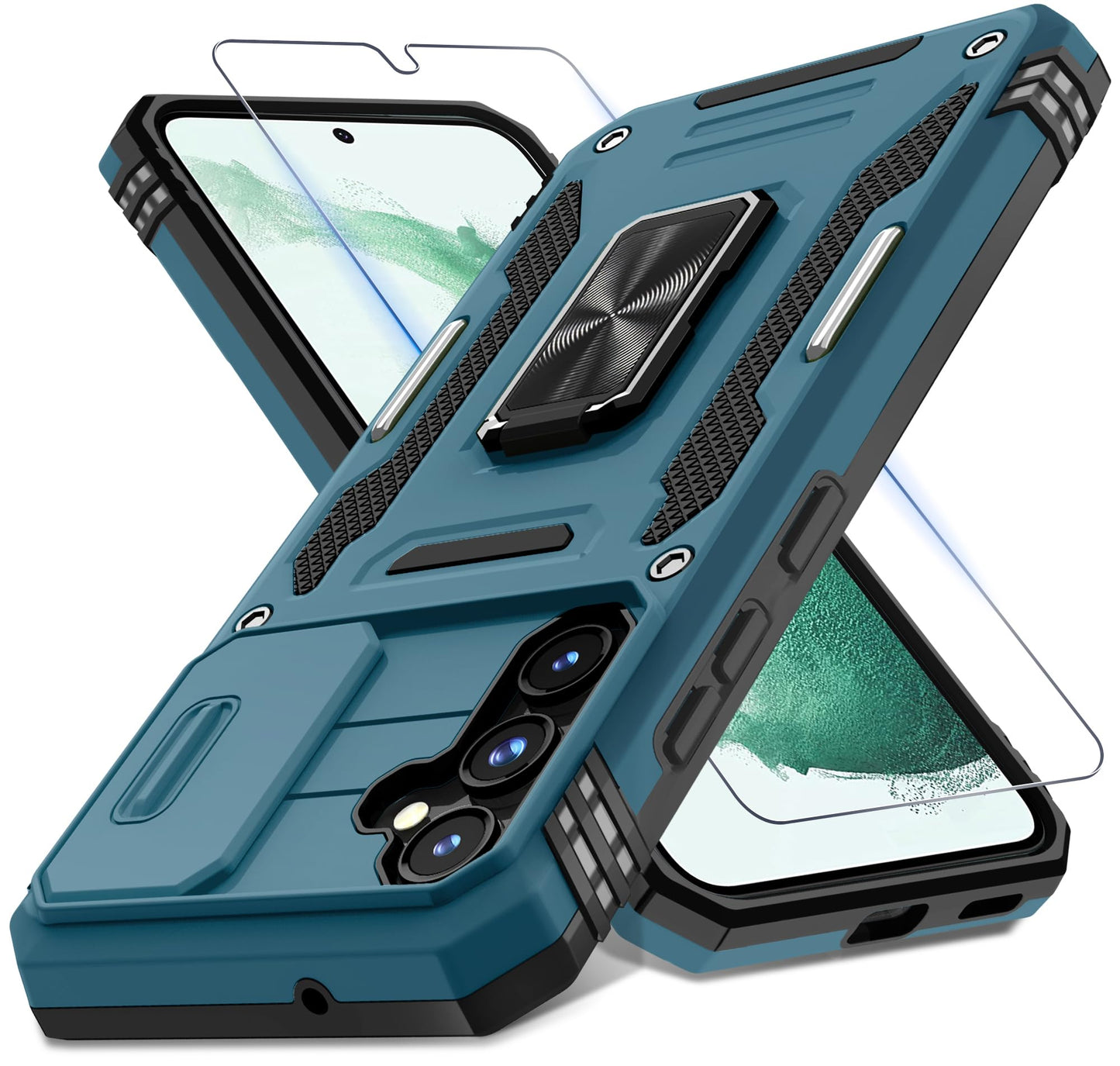 DEERLAMN Case for Samsung Galaxy A17 5G with Slide Camera Cover+Screen Protector (1 Pack), Rotated Ring Kickstand Military Grade Shockproof Protective Cover-Black