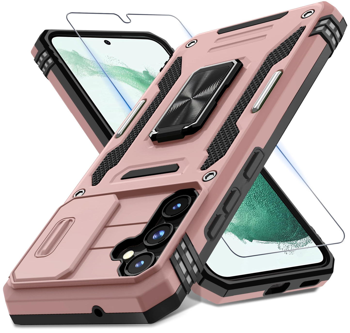 DEERLAMN Case for Samsung Galaxy A17 5G with Slide Camera Cover+Screen Protector (1 Pack), Rotated Ring Kickstand Military Grade Shockproof Protective Cover-Black