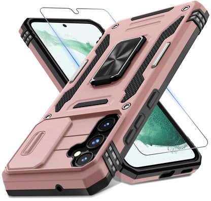 DEERLAMN Case for Samsung Galaxy A17 5G with Slide Camera Cover+Screen Protector (1 Pack), Rotated Ring Kickstand Military Grade Shockproof Protective Cover-Black
