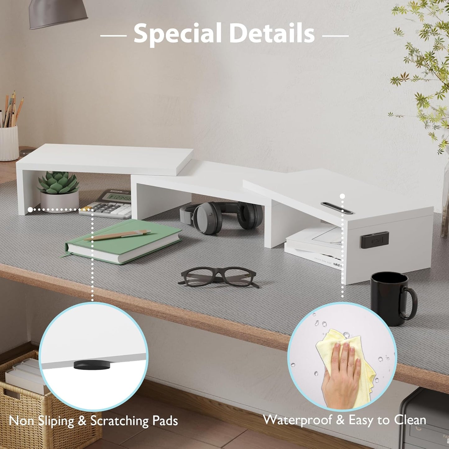 Dual Monitor Stand Riser with Smartphone Holder, Adjustable Length & Swivel Angle, Ergonomic Wooden Desktop Organizer for PC Monitor, Laptop, Printer, Large Storage, White