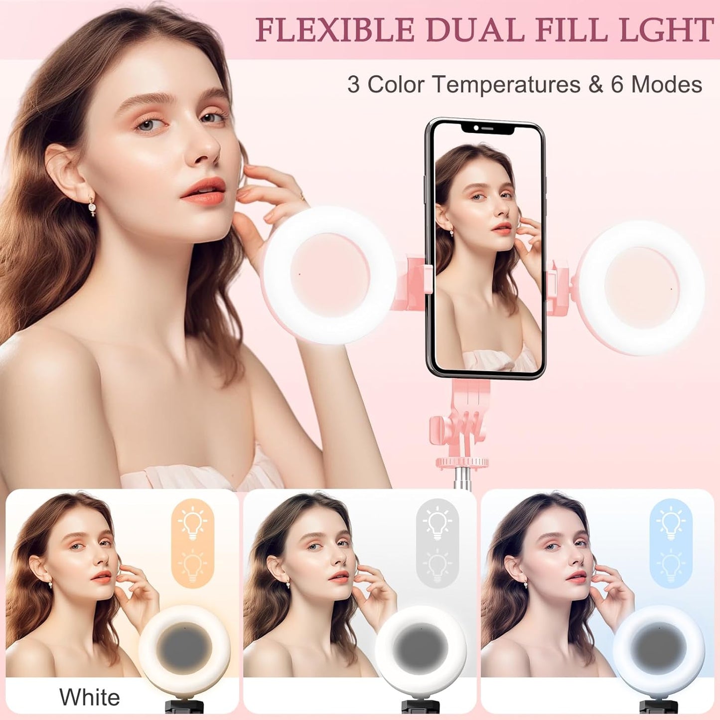 Selfie Stick Tripod with Fill Light, Phone Selfie Stick,Durable Stainless Steel Design,Bluetooth Remote Control,And Stable Three-Legged Support for Live Broadcasts,Video Shooting (Pink)