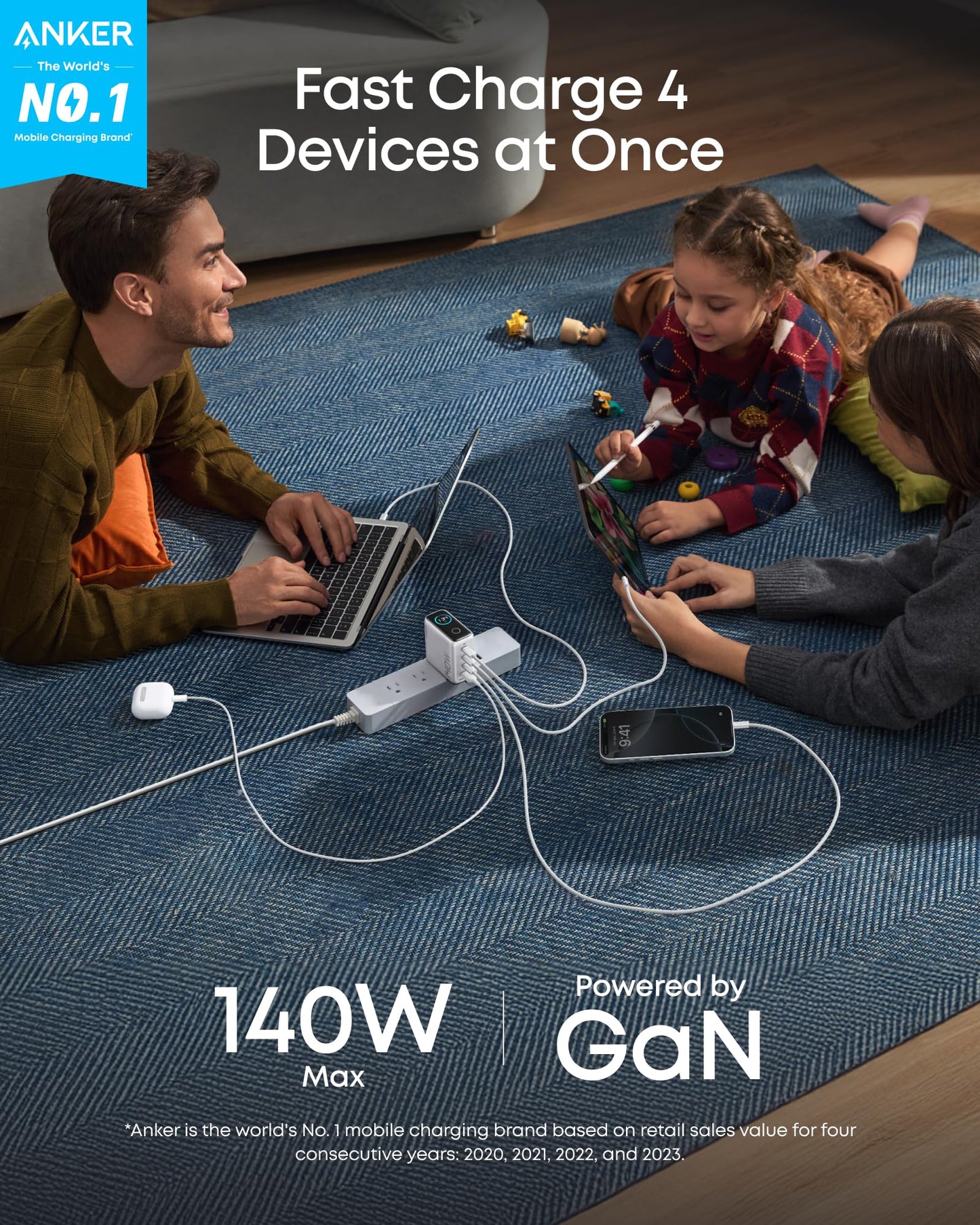 Anker MacBook Charger,140W Max 4-Port GaN USB C Charger Block with Smart Display,Fast Charger USB C Power Adapter,Touch Controls for MacBook,iPad,iPhone 17/16 Series (Include 5FT Cable,Non-Battery)