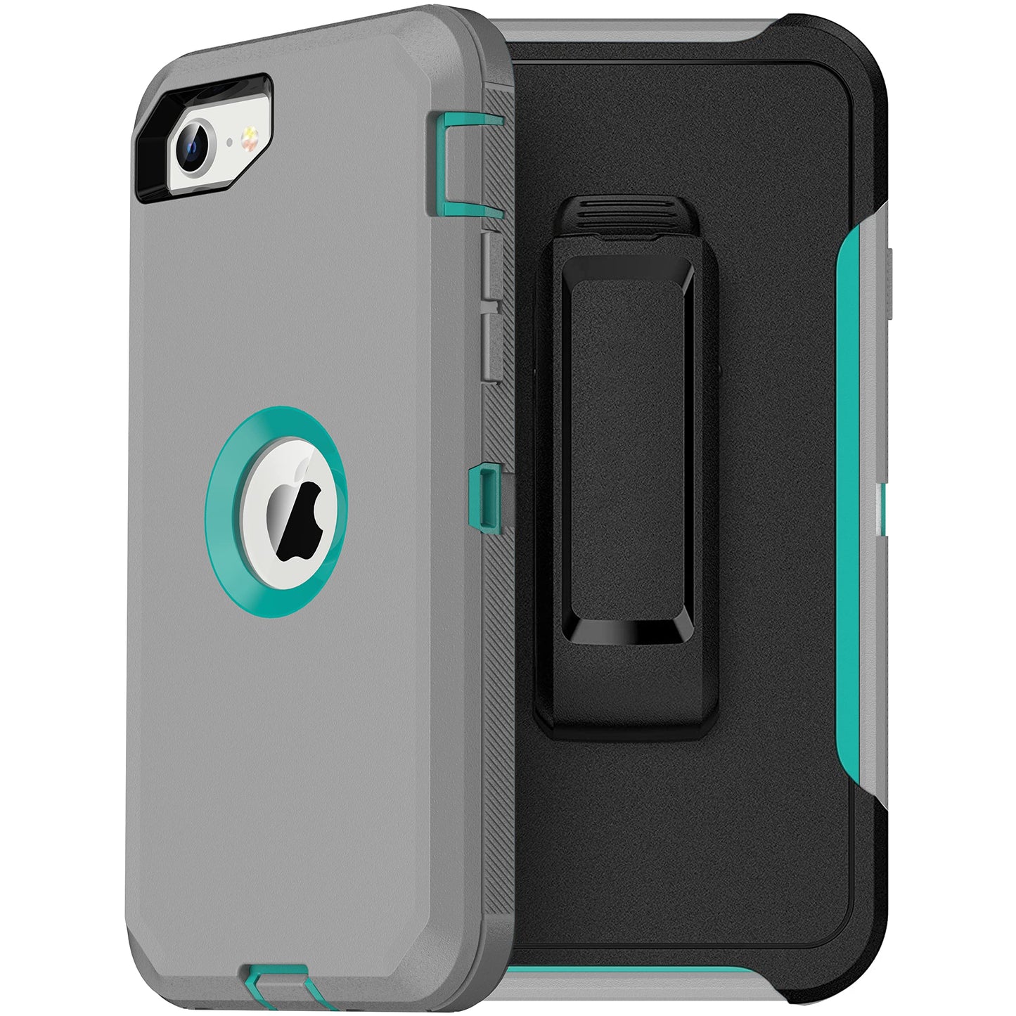 MXX Heavy Duty Protective Case for iPhone SE 2020/22 with Screen Protector, 3 Layers, Rugged Rubber, Rotating 360 Degree Belt Clip, Black/Gray