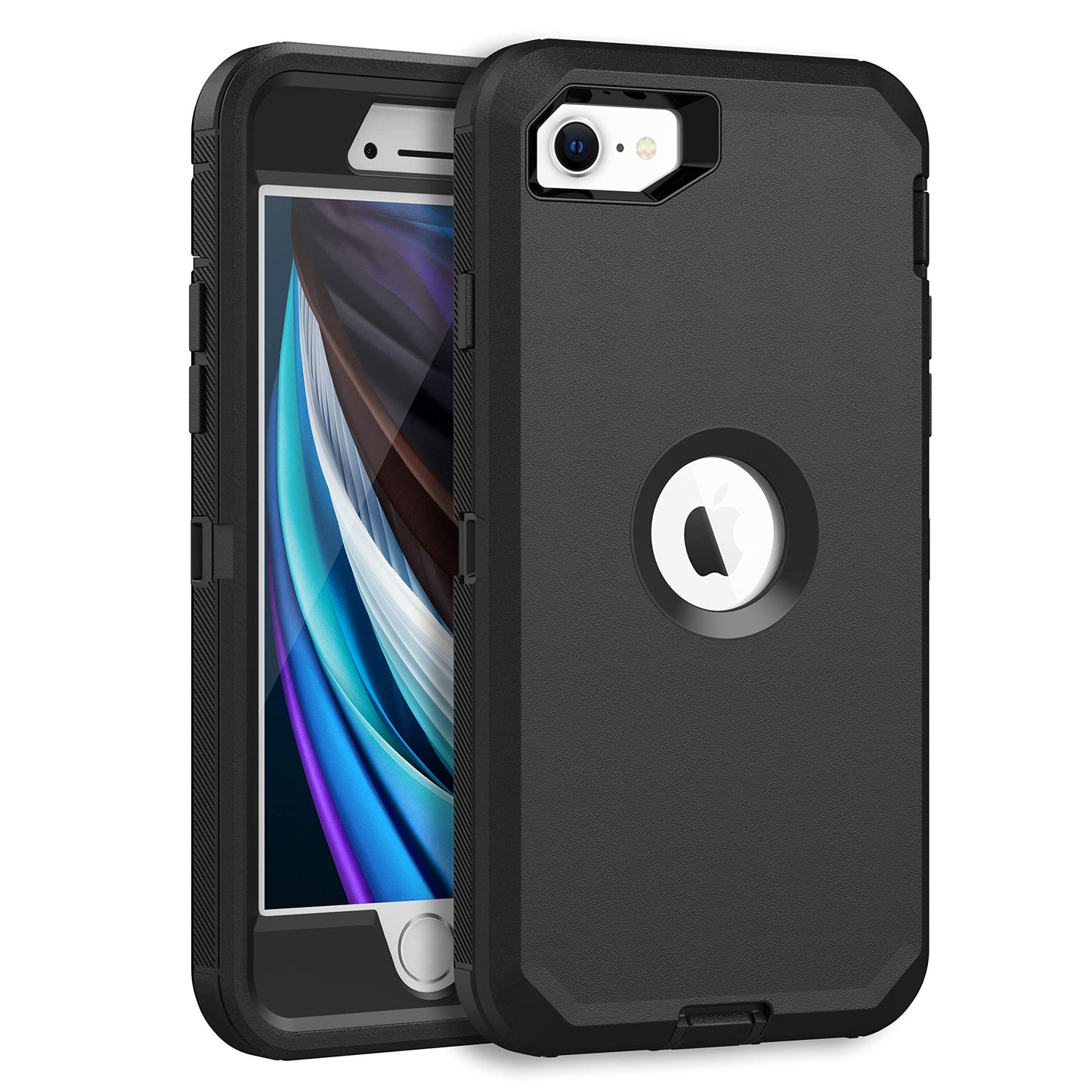 MXX Heavy Duty Protective Case for iPhone SE 2020/22 with Screen Protector, 3 Layers, Rugged Rubber, Rotating 360 Degree Belt Clip, Black/Gray