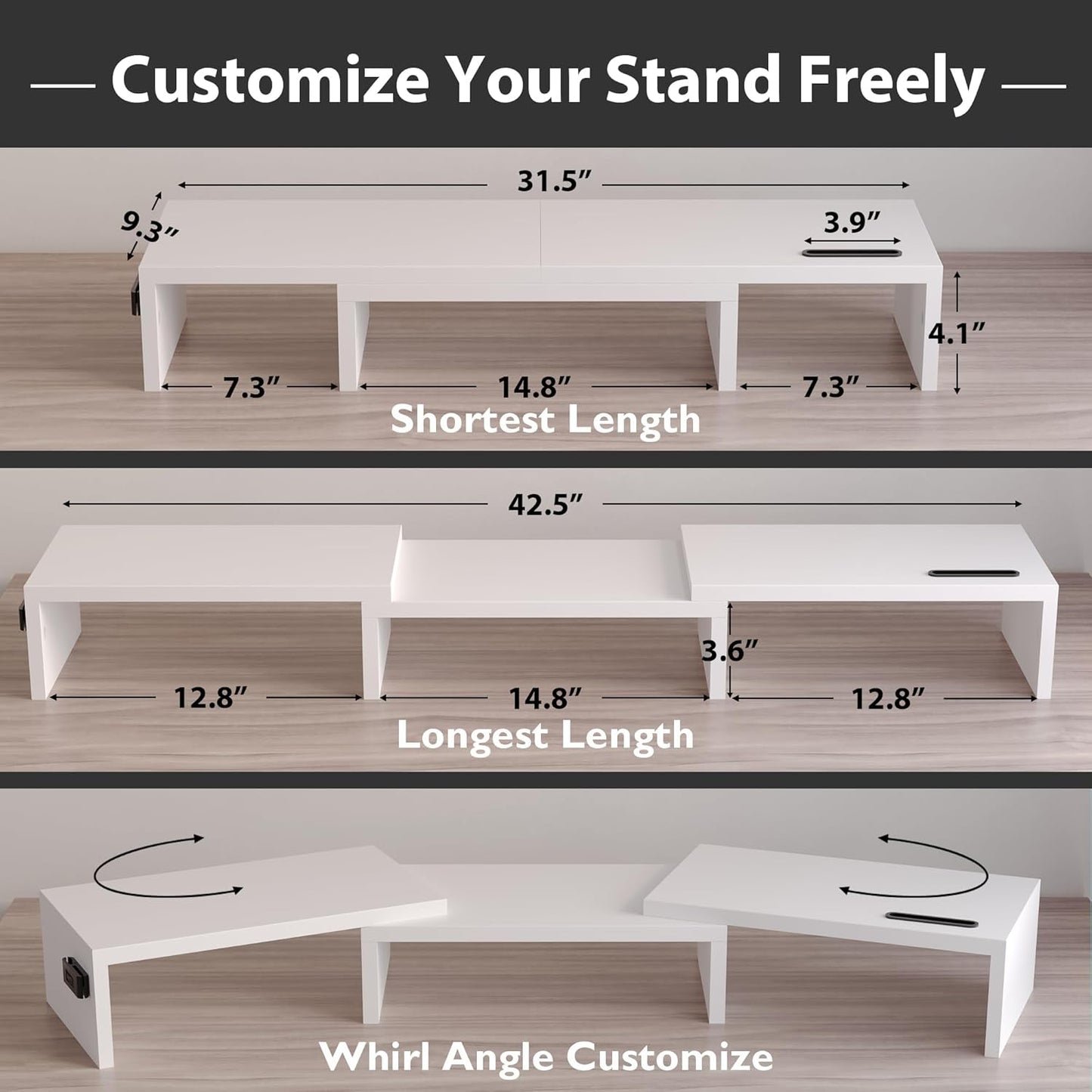 Dual Monitor Stand Riser with Smartphone Holder, Adjustable Length & Swivel Angle, Ergonomic Wooden Desktop Organizer for PC Monitor, Laptop, Printer, Large Storage, White