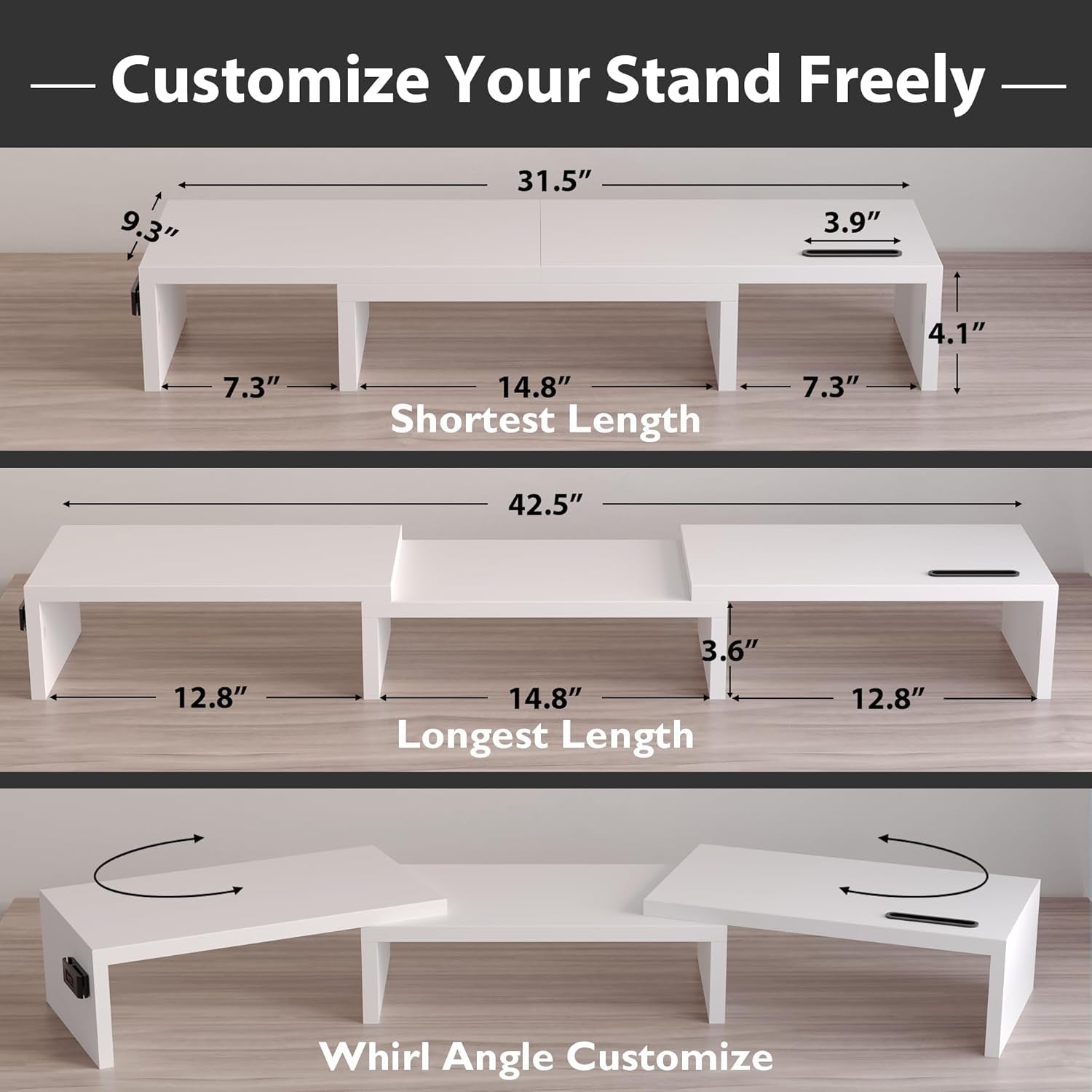 Dual Monitor Stand Riser with Smartphone Holder, Adjustable Length & Swivel Angle, Ergonomic Wooden Desktop Organizer for PC Monitor, Laptop, Printer, Large Storage, White