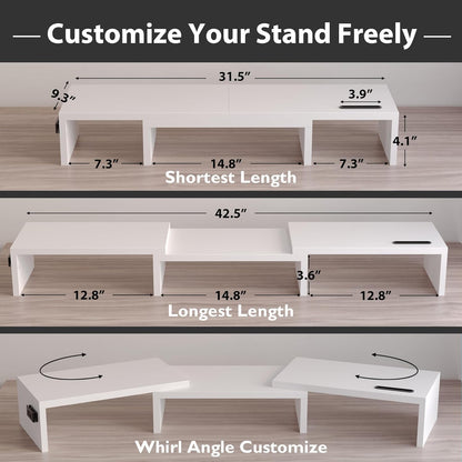 Dual Monitor Stand Riser with Smartphone Holder, Adjustable Length & Swivel Angle, Ergonomic Wooden Desktop Organizer for PC Monitor, Laptop, Printer, Large Storage, White