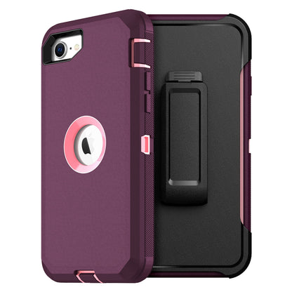 Purple phone case with pink accents, logo cutout, and black belt clip attachment.
