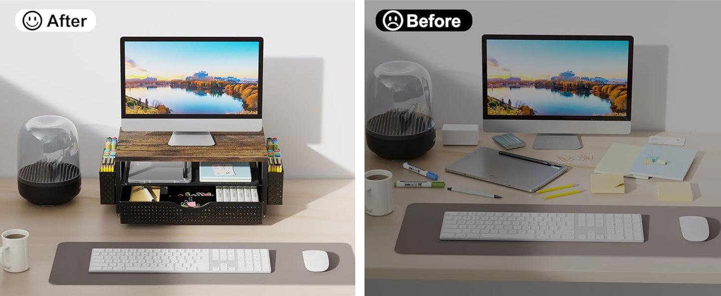 Wood Monitor Stand Riser, Office Desk Shelf Organizer, Desk Organizer with Drawer and Pen Holder, 2-Tier Computer Stand, Office Organization (Wood)