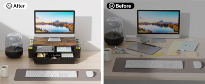 Wood Monitor Stand Riser, Office Desk Shelf Organizer, Desk Organizer with Drawer and Pen Holder, 2-Tier Computer Stand, Office Organization (Wood)