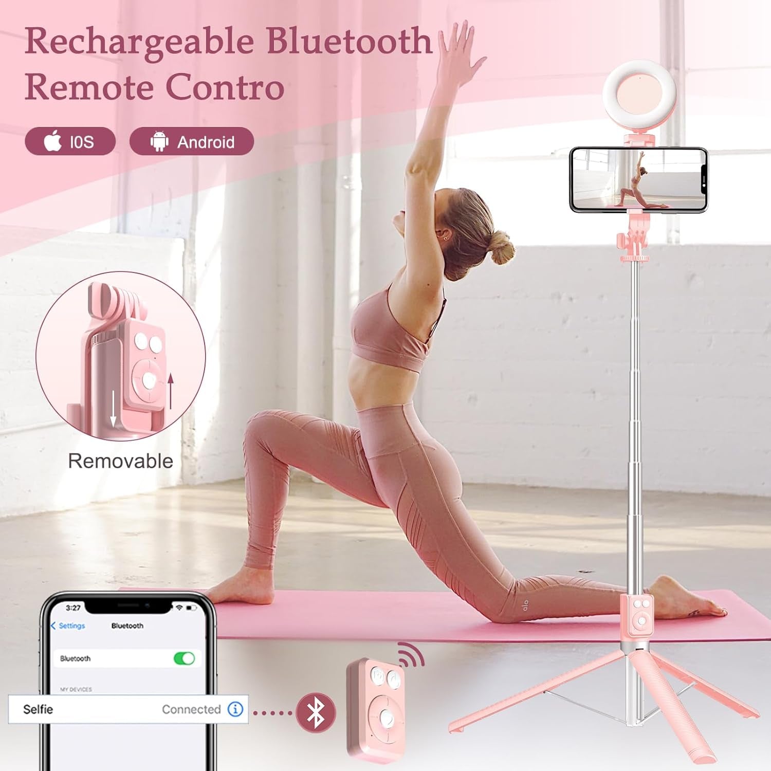 Selfie Stick Tripod with Fill Light, Phone Selfie Stick,Durable Stainless Steel Design,Bluetooth Remote Control,And Stable Three-Legged Support for Live Broadcasts,Video Shooting (Pink)