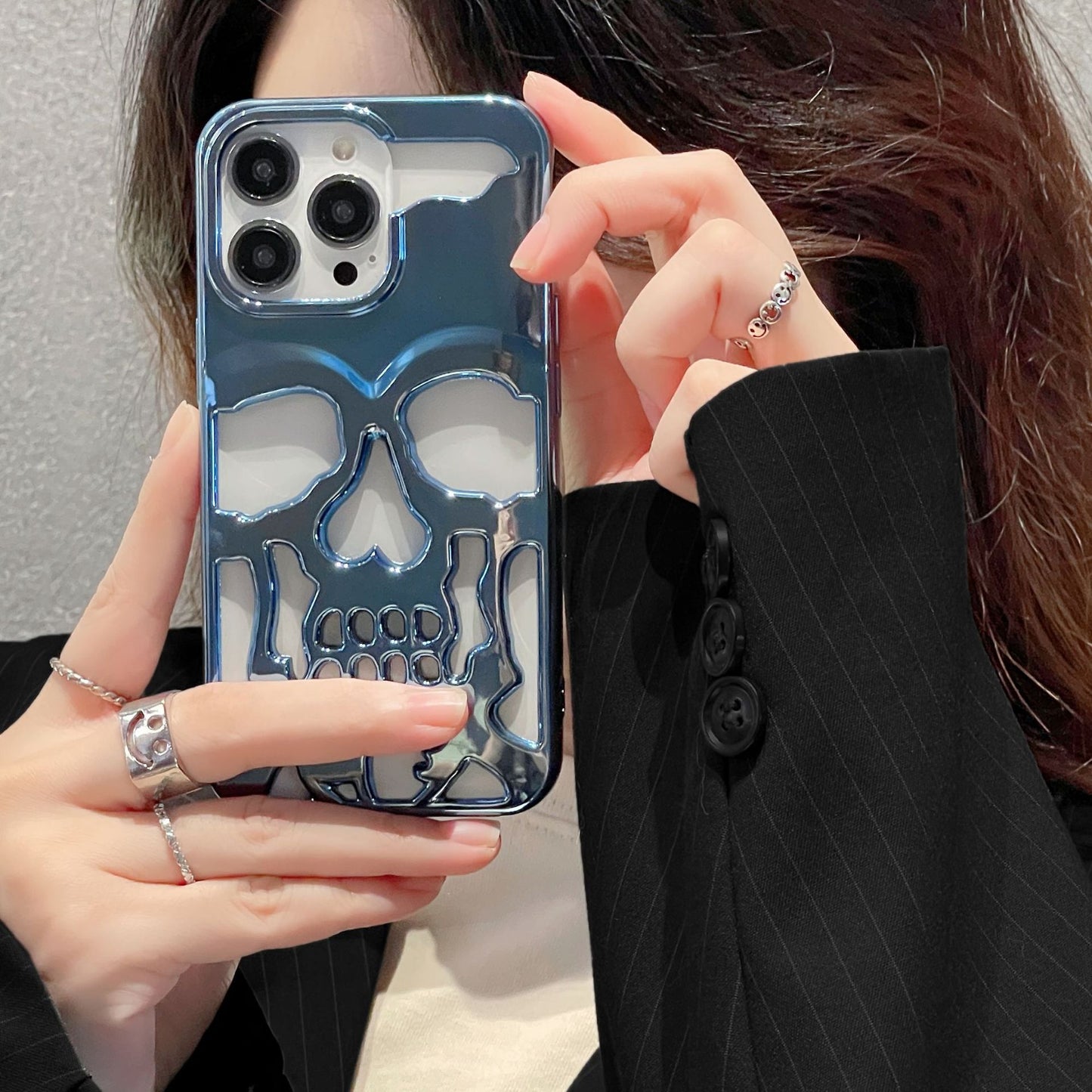 Luxury Plating 3D Skull Phone Case For I-Phone 14 Pro Max 13 12 11 Plus Breathable Glossy Hollow Out Gold Metallic Paint - Small Enterprise