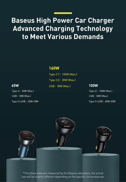 Baseus 160W Car Charger QC 5.0 Fast Quick Charging PPS PD3.0 USB Type C Car Phone Charge For iPhone 13 14 15 Pro Laptops Tablets