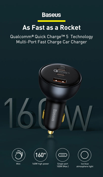 Baseus 160W Car Charger QC 5.0 Fast Quick Charging PPS PD3.0 USB Type C Car Phone Charge For iPhone 13 14 15 Pro Laptops Tablets