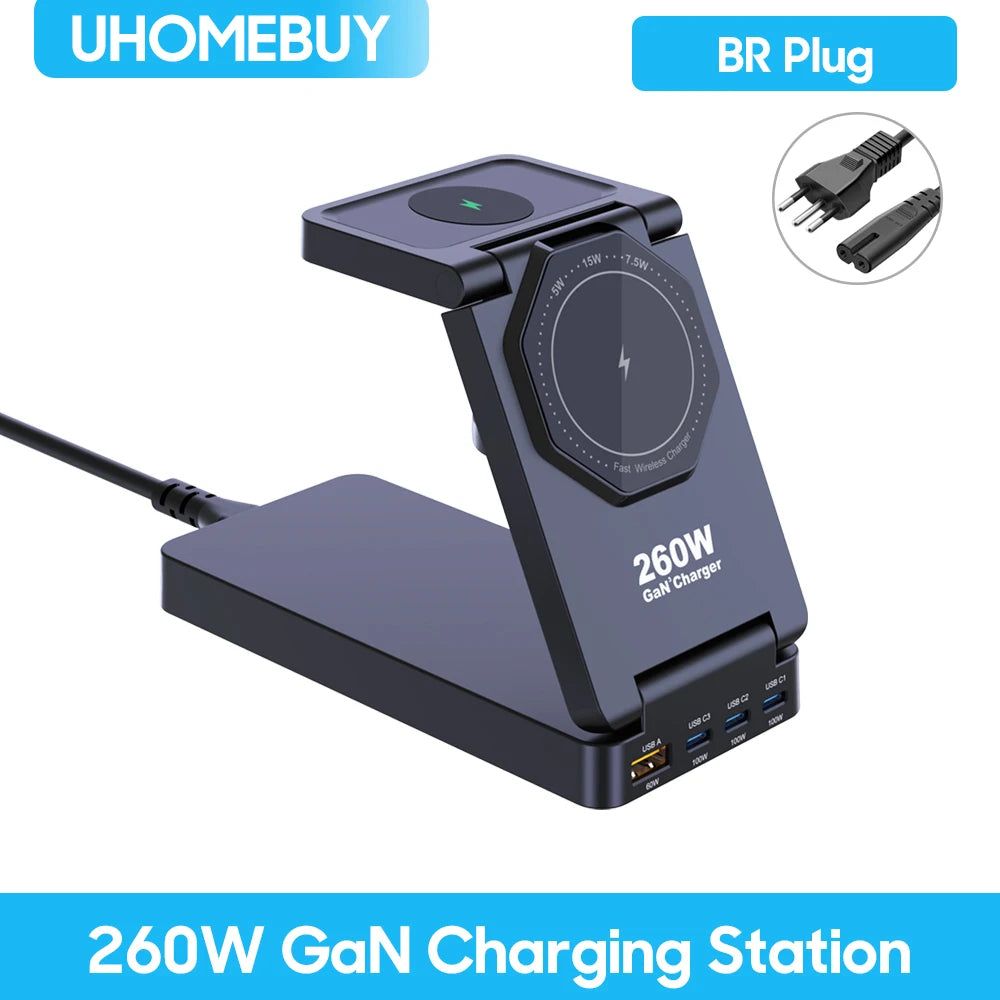 7-in-1 Charging Station 260W GaN Fast USB C Desktop Charger 15W Magnetic Wireless Charger for iPhone 16/15 Pro Max MacBook Pro