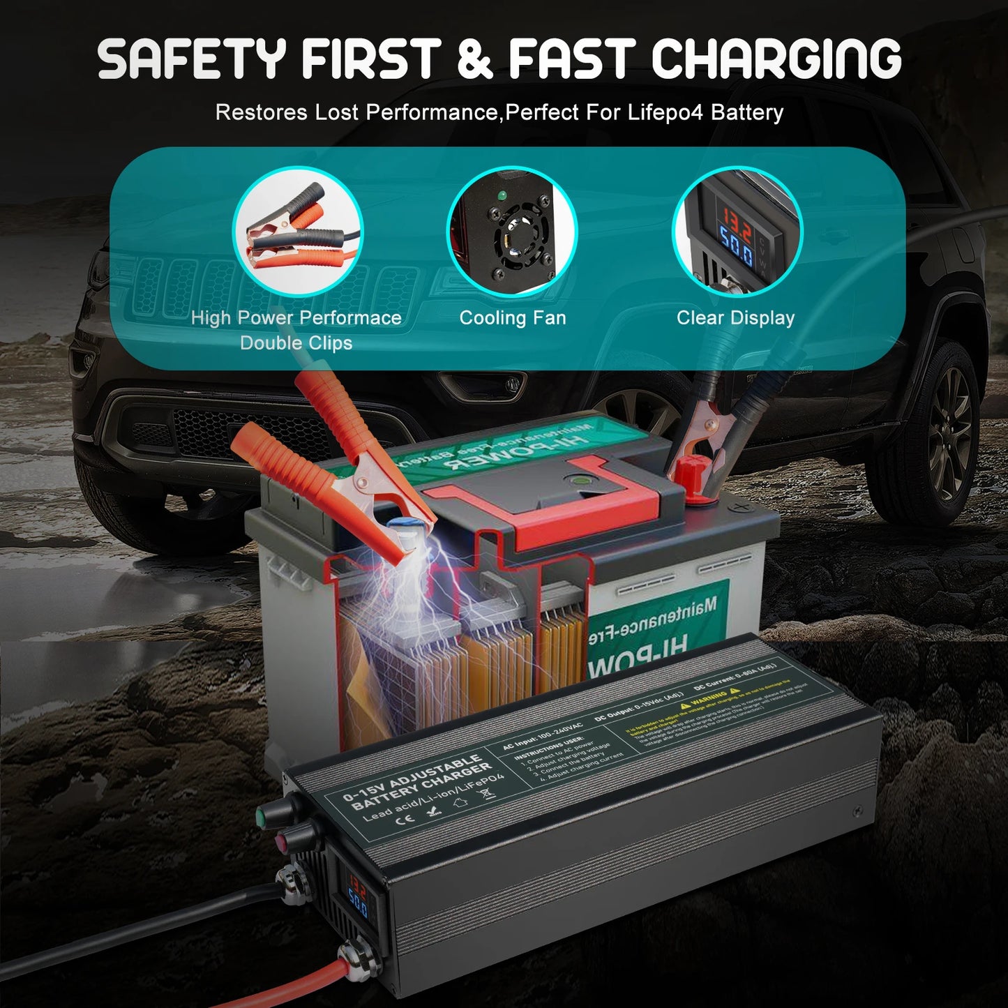 Solar System Charger 12V 60A Lifepo4/Lithium Battery Power Adapter 60A 12.8V Adjustable Current/Voltage Battery Accessories