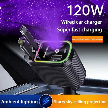 Car Charger Super Fast Charger 120W Retractable Cable Purple Starry