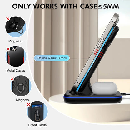 Wireless Charger Stand 3in1 Fast Charging With Led Lamp For iWatch 10 9 8 7 6 5 iPhone 16 15 14 13 12 11 X Airpods 4 3 Pro