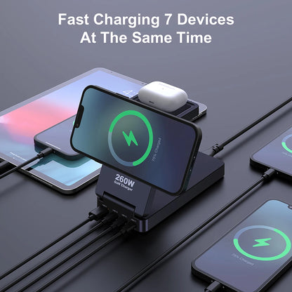 7-in-1 Charging Station 260W GaN Fast USB C Desktop Charger 15W Magnetic Wireless Charger for iPhone 16/15 Pro Max MacBook Pro